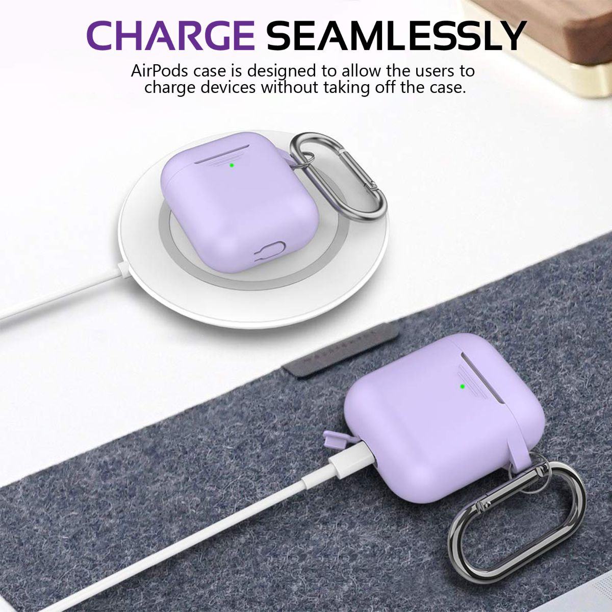 Promate AirPods Case, Lightweight Anti-Slip Soft Silicone 360 Degree Protective Cover with Anti-Lost Carabiner Hook and Wireless Charging Compatible for Apple AirPods and AirPods 2, GripCase Purple