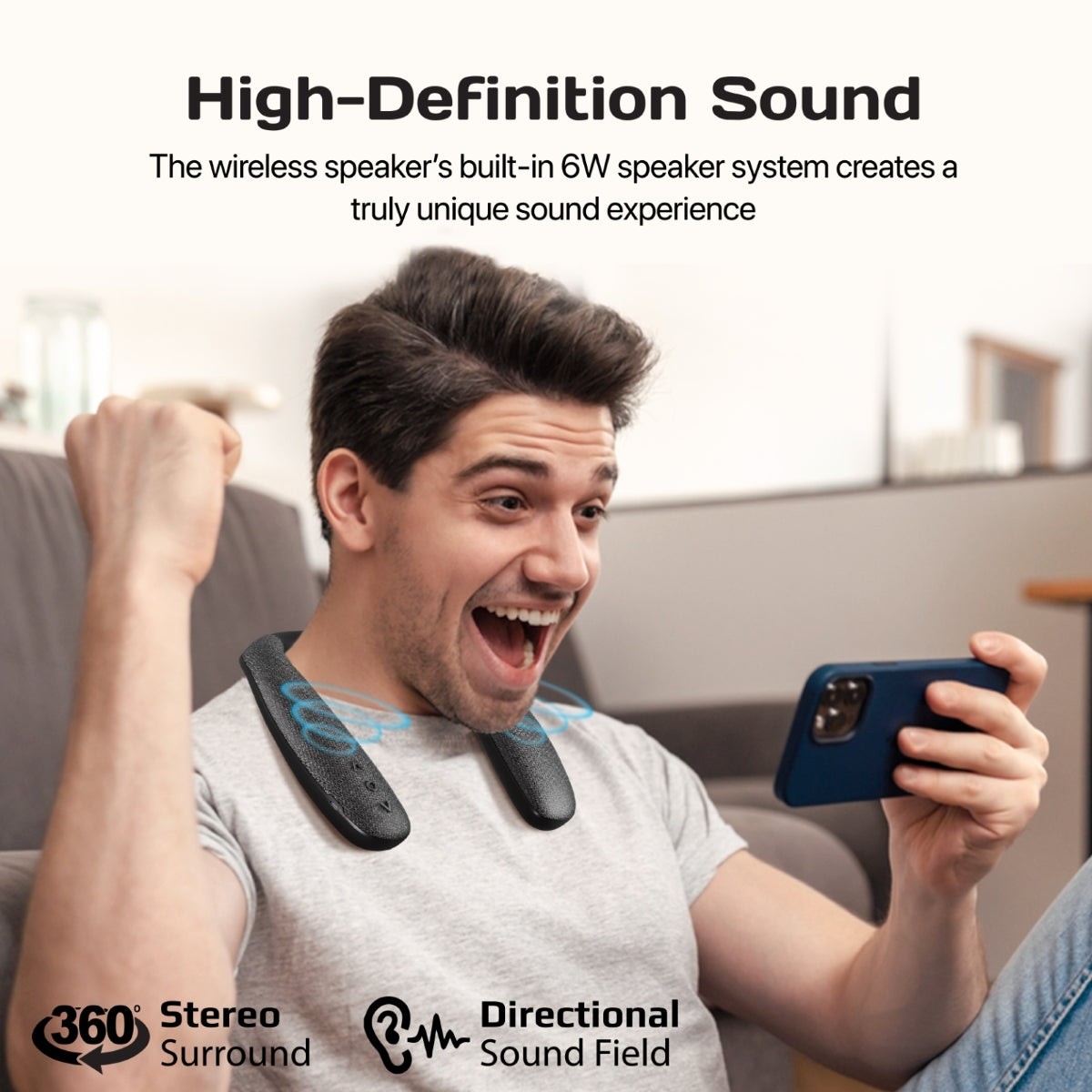 Promate Neckband Bluetooth Speaker with 360-Degree Sound, 9H Playtime and Lightweight, Hook