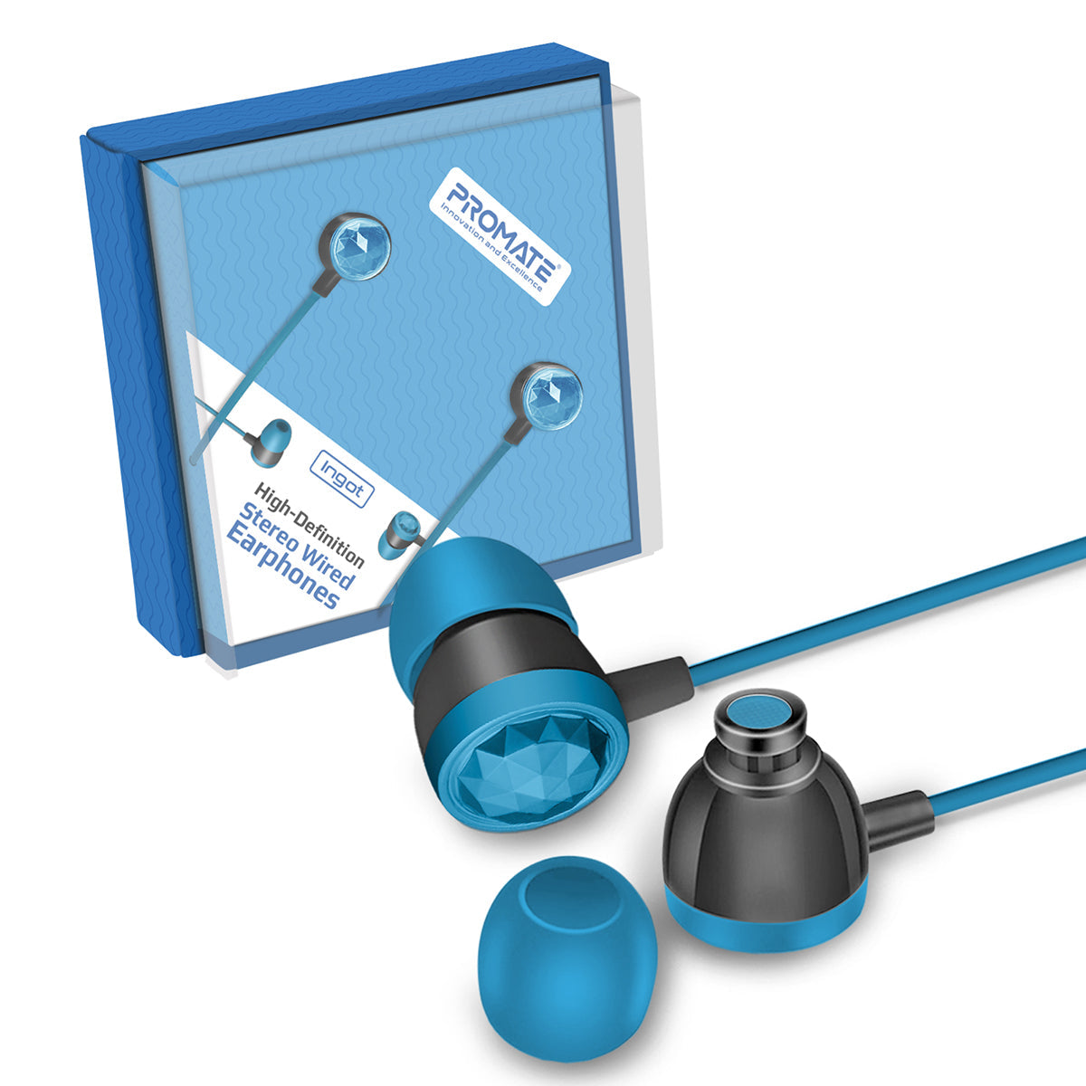 Promate - In-Ear Wired Headphones, Premium Metallic Hi-Fi Stereo Wired Earphone with Built-in Mic, Comfortable Secure Fit Earbuds, 1.2m Tangle-Free Cord and One-Button Control for Smartphones, Tablets, Pc, MP3 Player, Ingot Blue
