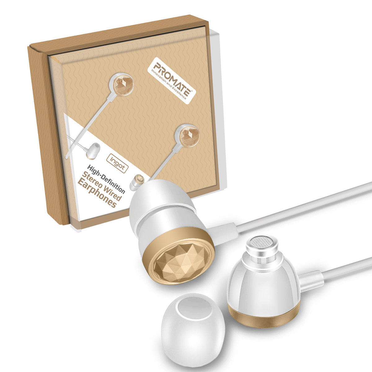 Promate - In-Ear Wired Headphones, Premium Metallic Hi-Fi Stereo Wired Earphone with Built-in Mic, Comfortable Secure Fit Earbuds, 1.2m Tangle-Free Cord and One-Button Control for Smartphones, Tablets, Pc, MP3 Player, Ingot Gold