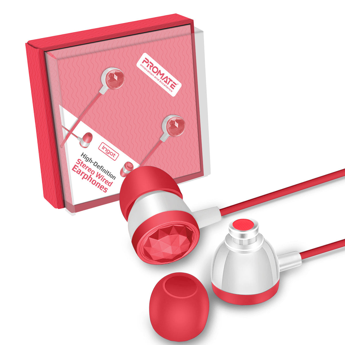 Promate - In-Ear Wired Headphones, Premium Metallic Hi-Fi Stereo Wired Earphone with Built-in Mic, Comfortable Secure Fit Earbuds, 1.2m Tangle-Free Cord and One-Button Control for Smartphones, Tablets, Pc, MP3 Player, Ingot Red