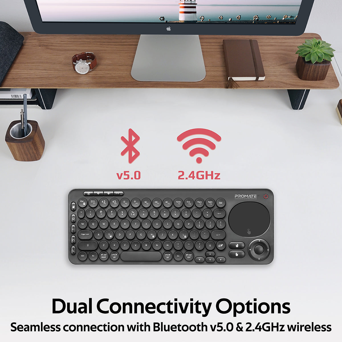 Promate Bluetooth Keyboard with Touchpad, All-In-One 2.4Ghz Wireless/Bluetooth v5.0 Multimedia Keyboard with Built-In Touchpad Mouse, Precision Tracking, Multi-Device Pairing and IR TV Remote Controller, KeyPad-1 Arabic / English