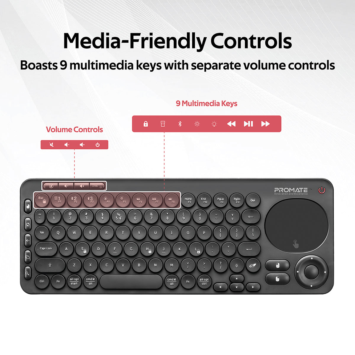 Promate Bluetooth Keyboard with Touchpad, All-In-One 2.4Ghz Wireless/Bluetooth v5.0 Multimedia Keyboard with Built-In Touchpad Mouse, Precision Tracking, Multi-Device Pairing and IR TV Remote Controller, KeyPad-1 Arabic / English