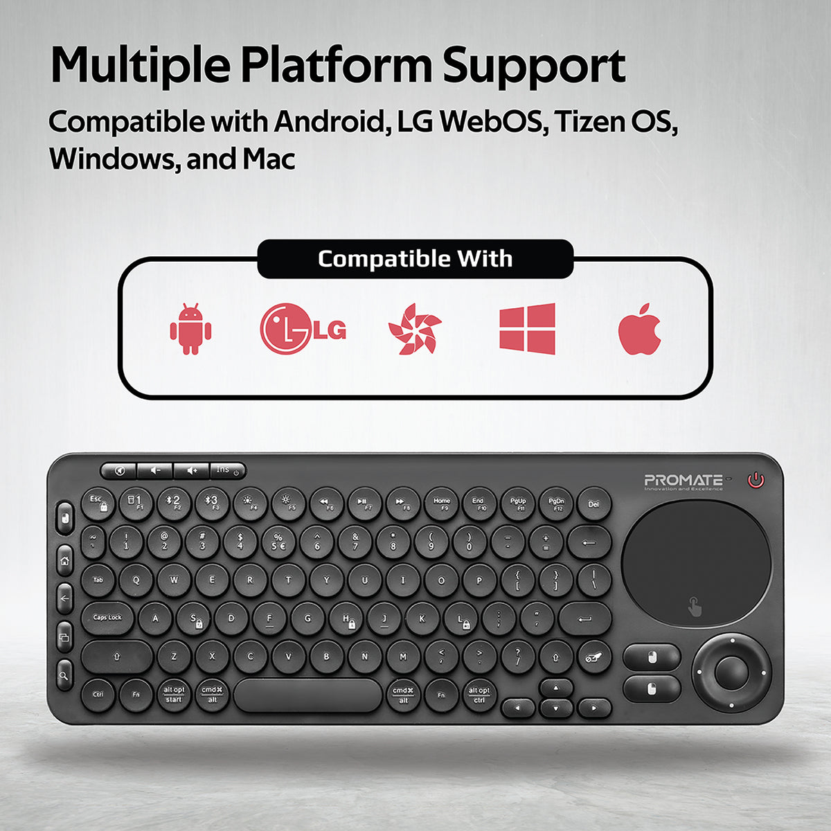 Promate Bluetooth Keyboard with Touchpad, All-In-One 2.4Ghz Wireless/Bluetooth v5.0 Multimedia Keyboard with Built-In Touchpad Mouse, Precision Tracking, Multi-Device Pairing and IR TV Remote Controller, KeyPad-1 Arabic / English
