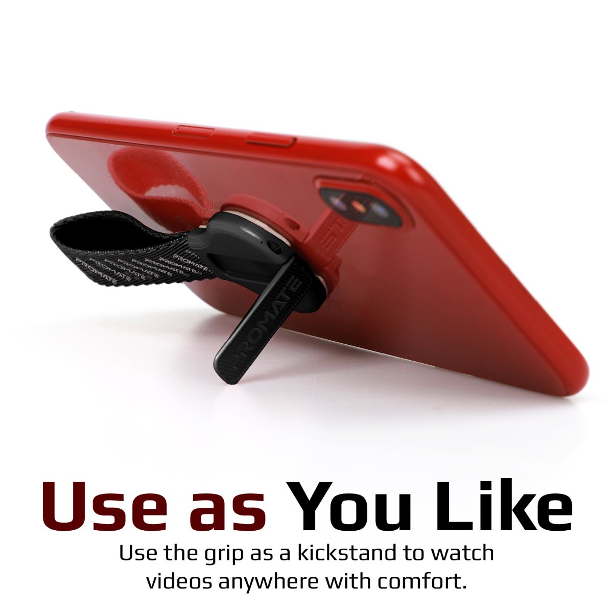 Promate Finger Strap Phone Holder, Multifunction Finger Grip Stand with Reusable Adhesive, Kickstand Function and Quick-Snap Technology for Smartphones and Tablets, KickStrap-1 Black