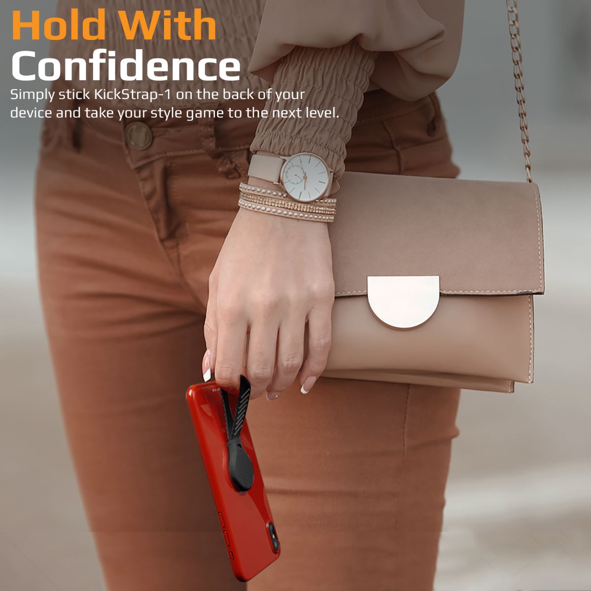 Promate Finger Strap Phone Holder, Multifunction Finger Grip Stand with Reusable Adhesive, Kickstand Function and Quick-Snap Technology for Smartphones and Tablets, KickStrap-1 Black