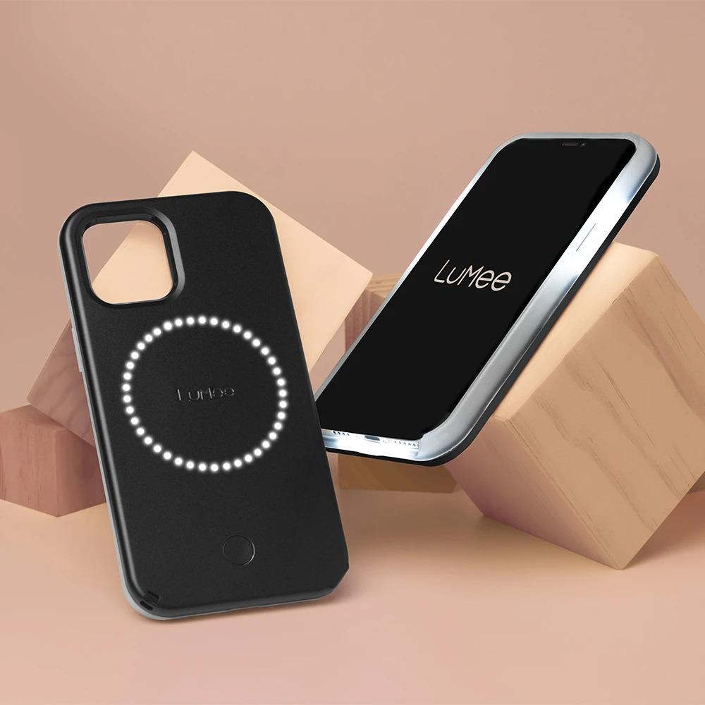 Lumee Halo Selfie Case for Apple iPhone 12 Mini - Studio-Like Front & Back Light w/ Variable Dimmer & Micropel AntiBacterial Protection Wireless Pass-Through Charging - Matte Black