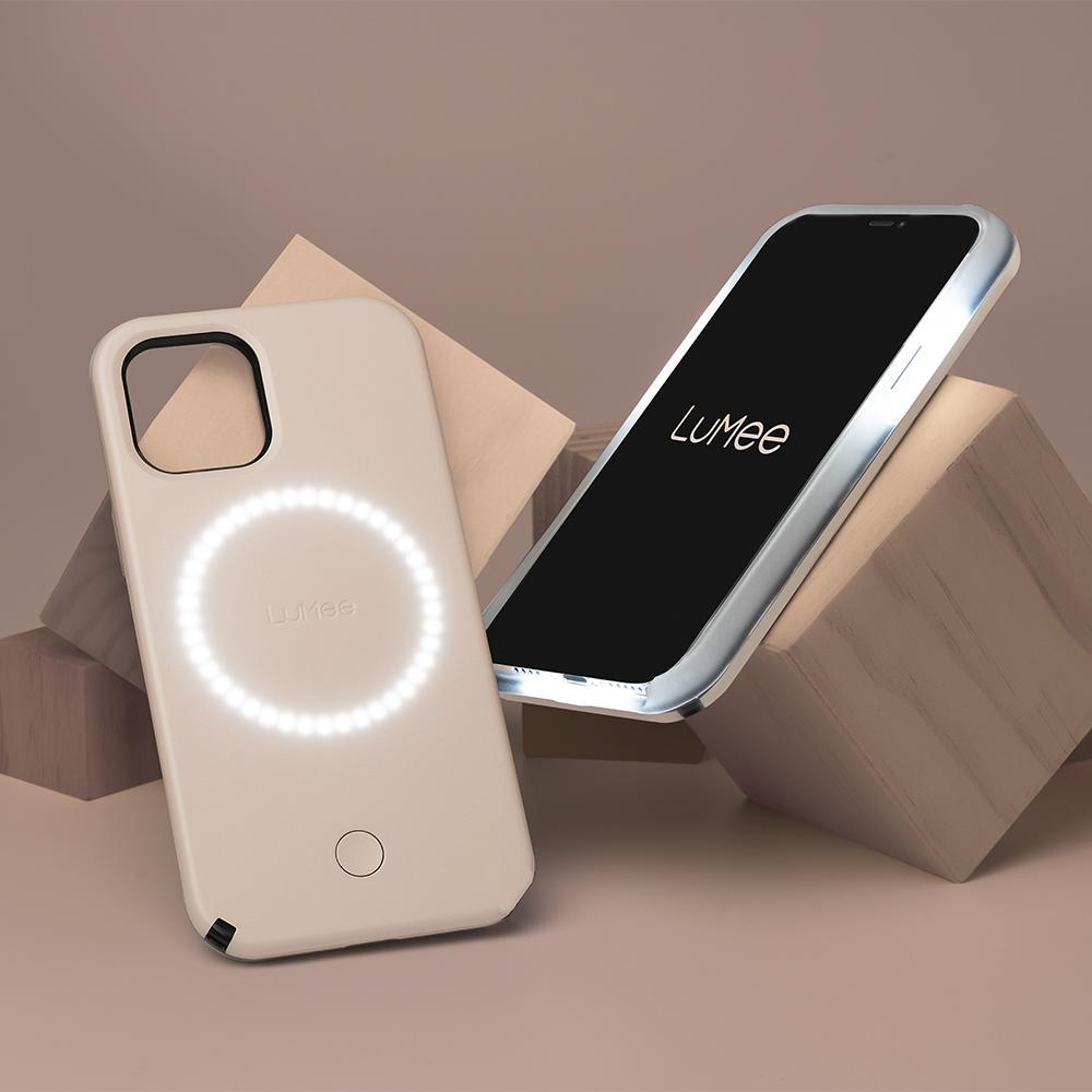 Lumee Halo Selfie Case for Apple iPhone 12 Mini - Studio-Like Front & Back Light w/ Variable Dimmer & Micropel AntiBacterial Protection Wireless Pass-Through Charging - Millenial Pink