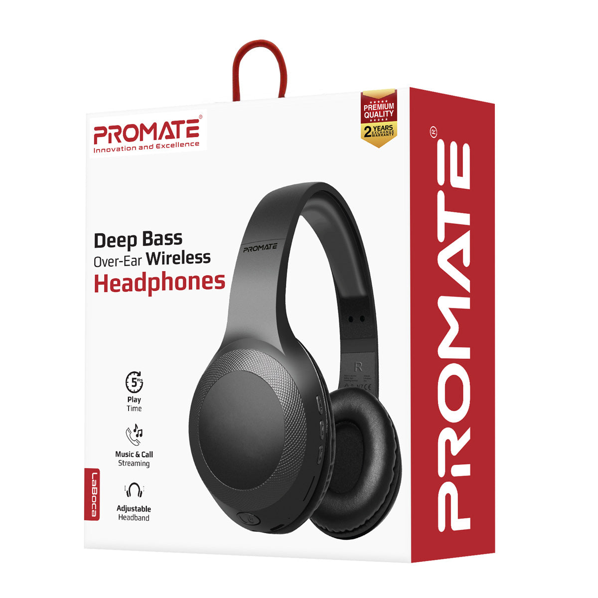 Promate - Bluetooth Headphone, Over-Ear Deep Bass Wired/Wireless Headphone with Long Paytime, Hi-Fi Sound, Built-In Mic, On-Ear Controls, Soft Earpads, MicroSD Card Slot and AUX Port for iPhone, Samsung, iPad Pro, LaBoca Black