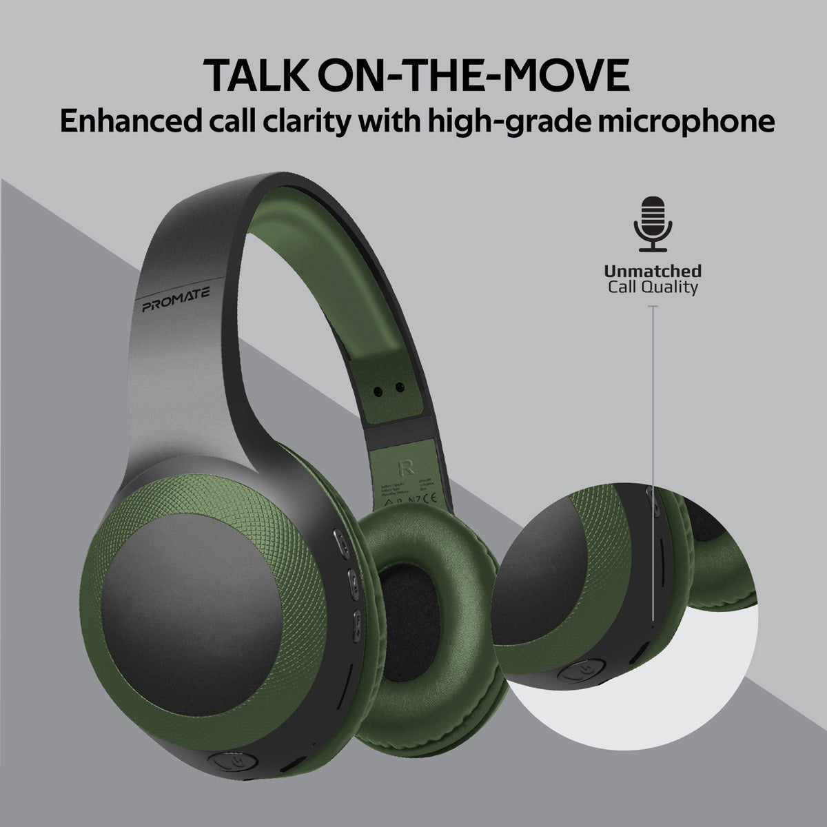 Promate - Bluetooth Headphone, Over-Ear Deep Bass Wired/Wireless Headphone with Long Paytime, Hi-Fi Sound, Built-In Mic, On-Ear Controls, Soft Earpads, MicroSD Card Slot and AUX Port for iPhone, Samsung, iPad Pro, LaBoca Midnight Green