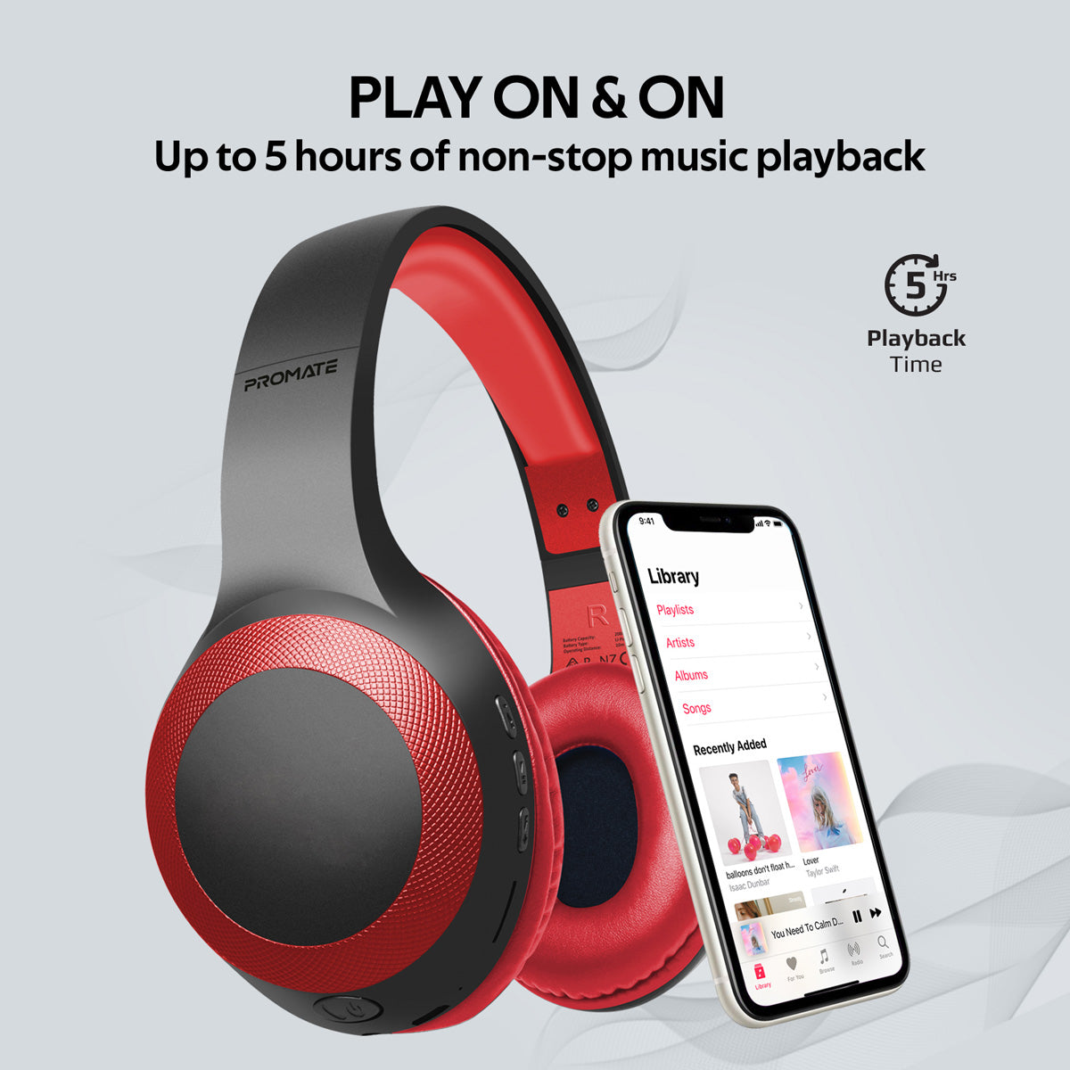 Promate - Bluetooth Headphone, Over-Ear Deep Bass Wired/Wireless Headphone with Long Paytime, Hi-Fi Sound, Built-In Mic, On-Ear Controls, Soft Earpads, MicroSD Card Slot and AUX Port for iPhone, Samsung, iPad Pro, LaBoca Red