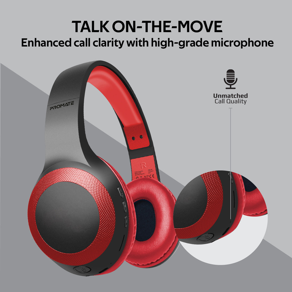 Promate - Bluetooth Headphone, Over-Ear Deep Bass Wired/Wireless Headphone with Long Paytime, Hi-Fi Sound, Built-In Mic, On-Ear Controls, Soft Earpads, MicroSD Card Slot and AUX Port for iPhone, Samsung, iPad Pro, LaBoca Red