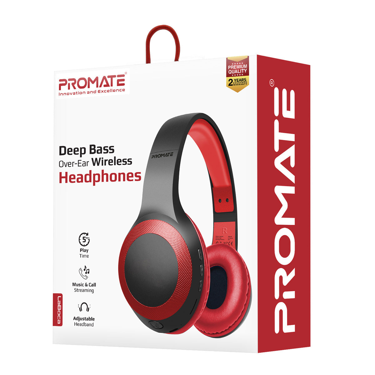 Promate - Bluetooth Headphone, Over-Ear Deep Bass Wired/Wireless Headphone with Long Paytime, Hi-Fi Sound, Built-In Mic, On-Ear Controls, Soft Earpads, MicroSD Card Slot and AUX Port for iPhone, Samsung, iPad Pro, LaBoca Red