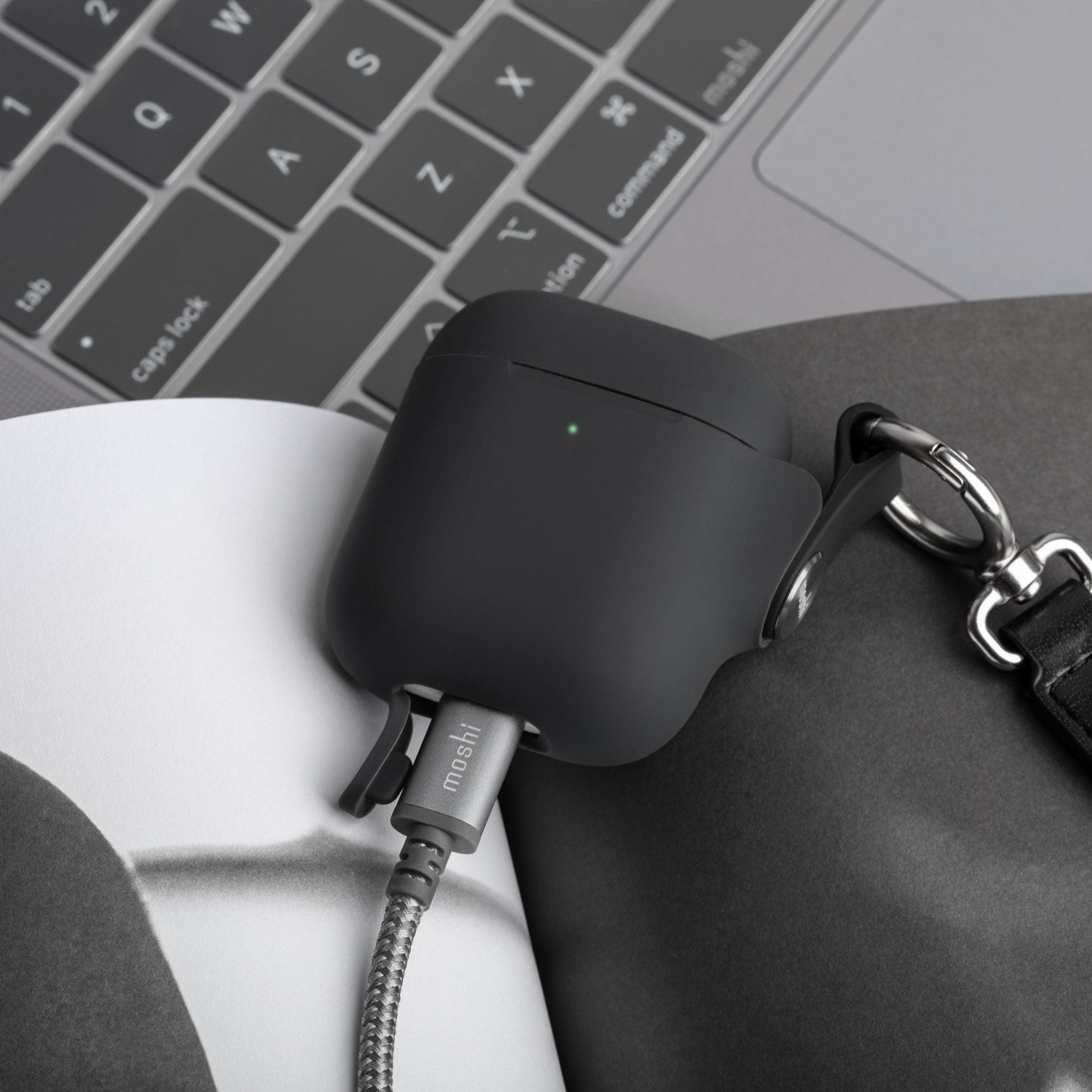 Moshi PEBBO AirPods Gen 1/2 Case - Shock Absorb Stylish AirPods Cover w/ Detachable Wrist Strap Included & LintGuard Protection, Wireless Charging Compatible, w/ LED indicator- Shadow Black
