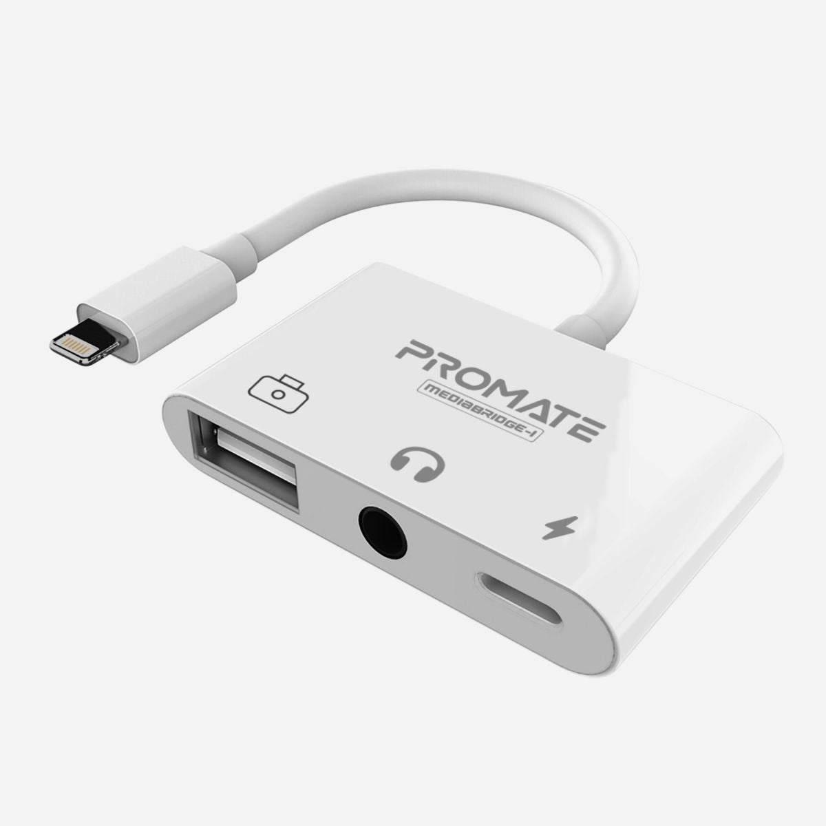 Promate - 3-in-1 Lightning OTG Adapter, Portable Lightning HUB to USB Female OTG Adapter with Charging Interface and 3.5mm Headphone Jack for iPhone, iPad, Lightning Connector Devices, MediaBridge-i