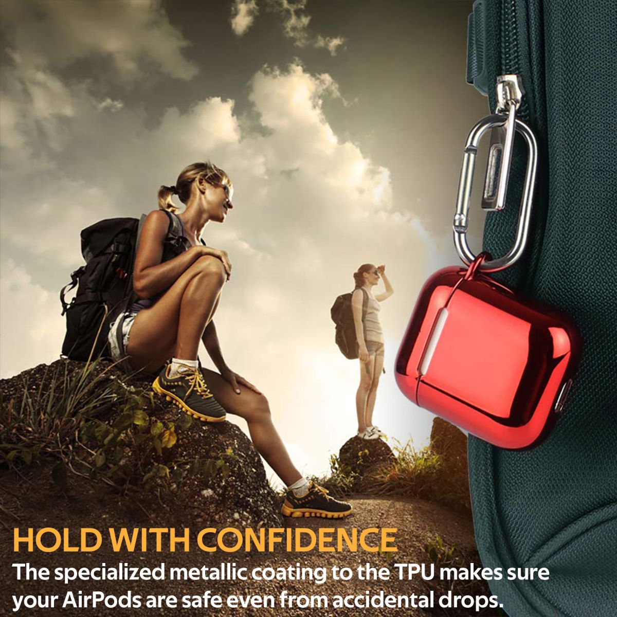 Promate AirPods Case, Premium Quality Full Protective Dual Layered Electroplated Hard Case Cover with Carabiner Clip and Wireless Charging Compatible for Apple AirPods and AirPods 2, NeonCase Maroon