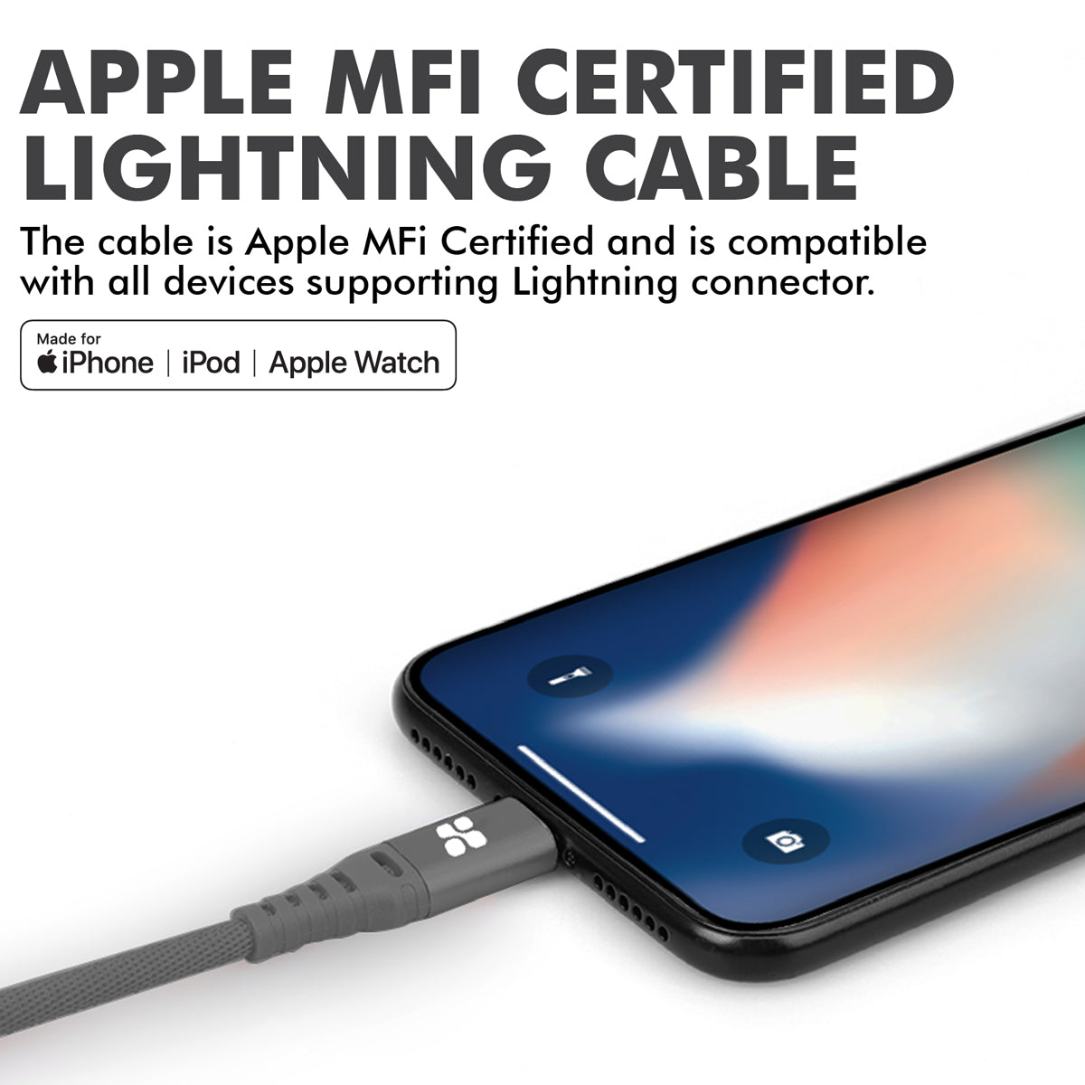 Promate - MFi Certified Lightning Cable, High-Speed 2.4A Nylon Braided USB Charging and Syncing Data Cable with 2m Tangle-Free Design and Over-Charging Protection for iPhone XS, XS Max, iPad Pro, iPod, NerveLink-i2 Grey