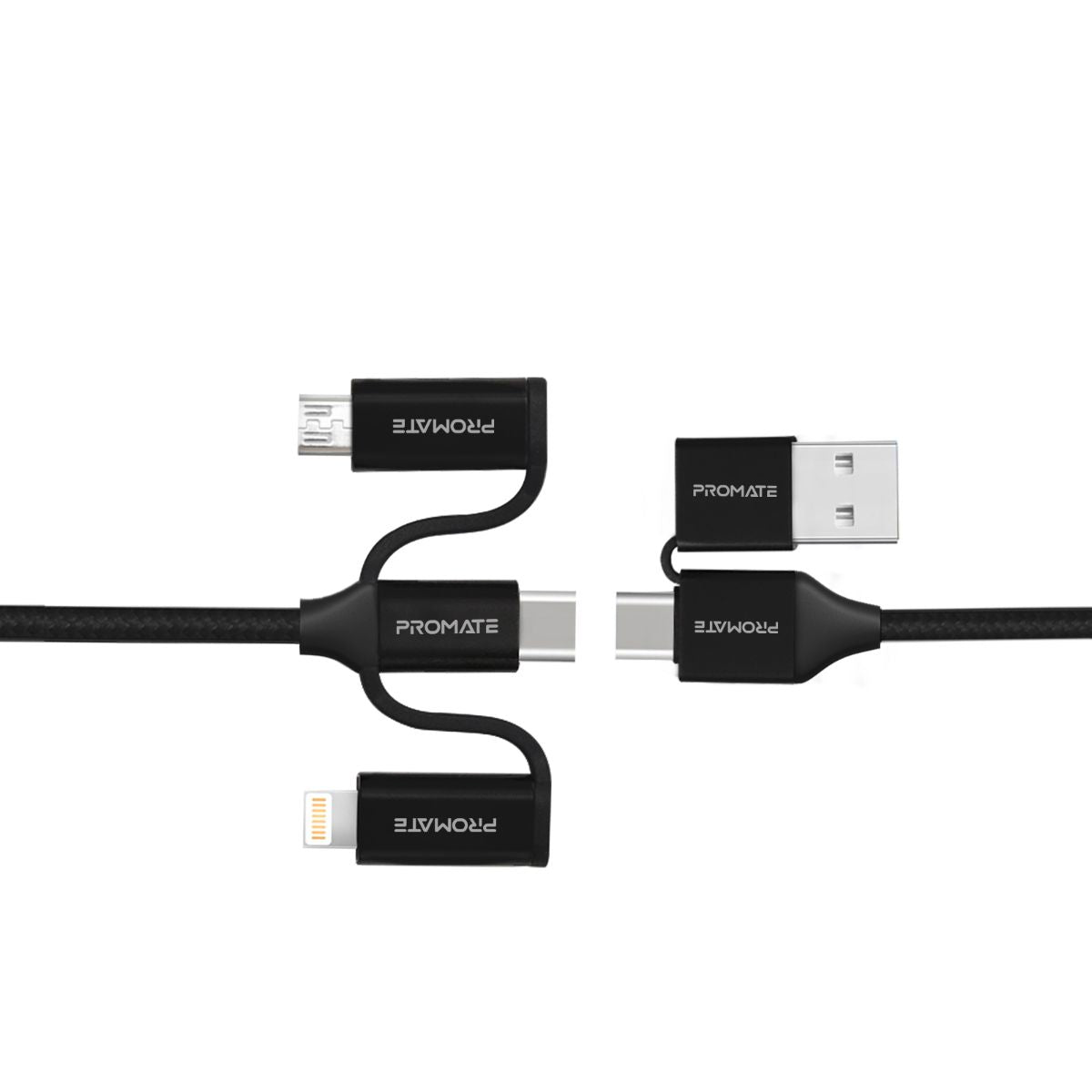 Promate - 6-In-1 Multi Charging Cable, Premium Hybrid 20V 3A Lightning, USB-C, Micro USB Connectors to USB-A and USB-C Fast Sync Charging Cable Data Cord with 60W Type-C to Type-C Power Delivery Cable, PentaPower Black