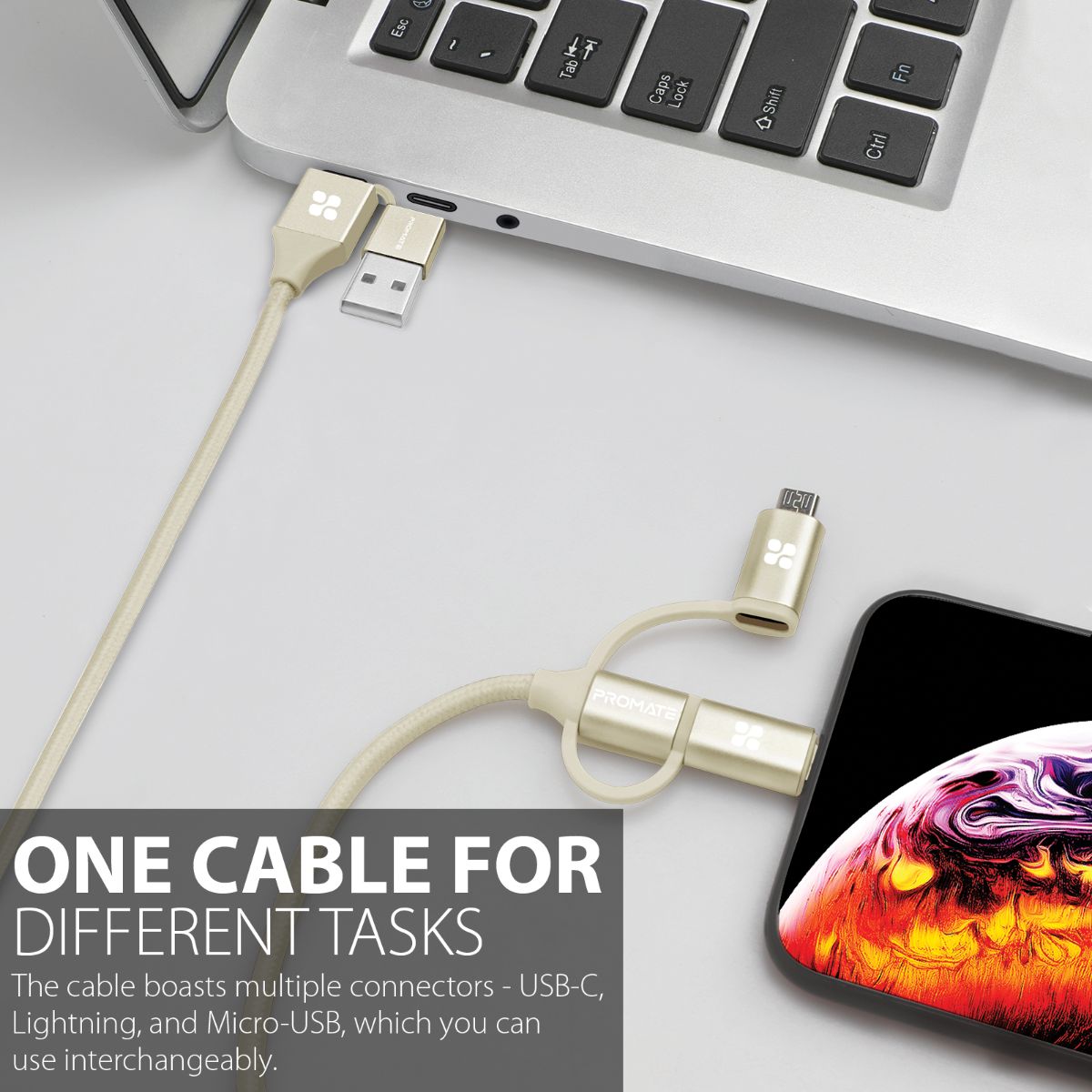 Promate - 6-In-1 Multi Charging Cable, Premium Hybrid 20V 3A Lightning, USB-C, Micro USB Connectors to USB-A and USB-C Fast Sync Charging Cable Data Cord with 60W Type-C to Type-C Power Delivery Cable, PentaPower Gold