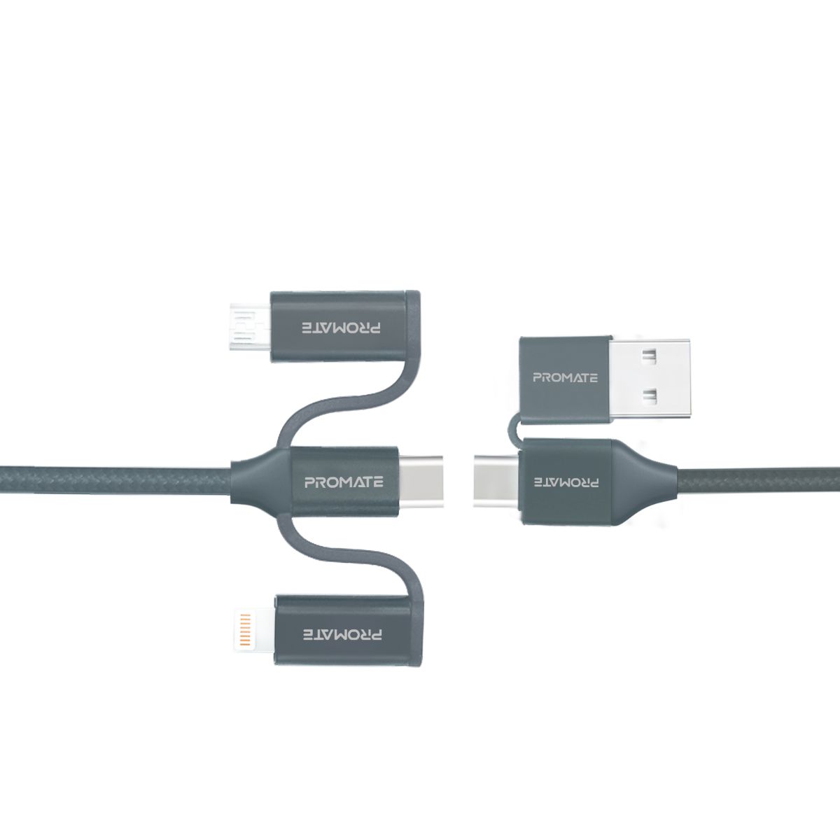 Promate - 6-In-1 Multi Charging Cable, Premium Hybrid 20V 3A Lightning, USB-C, Micro USB Connectors to USB-A and USB-C Fast Sync Charging Cable Data Cord with 60W Type-C to Type-C Power Delivery Cable, PentaPower Grey