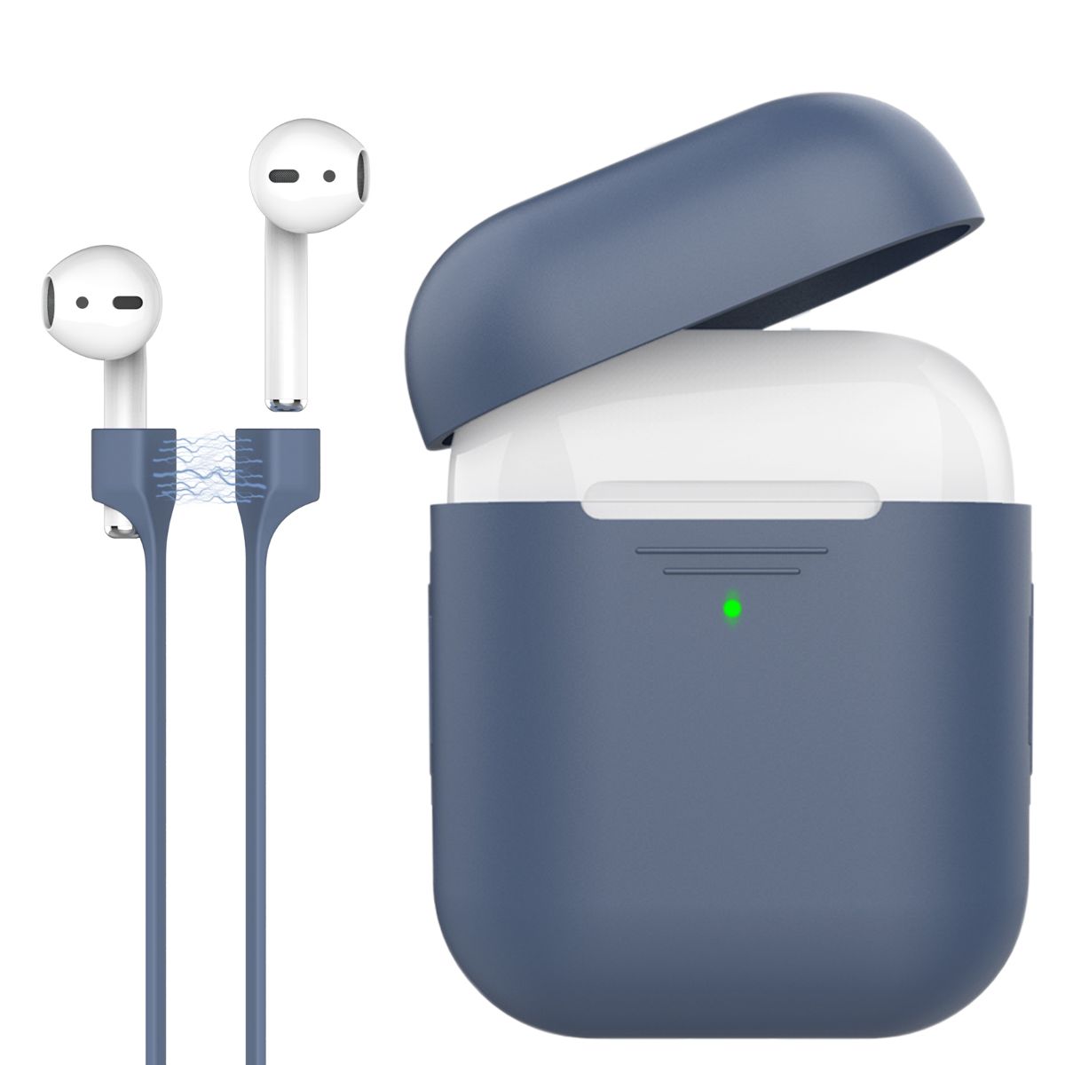Promate AirPods Case with Strap, Premium Protective Silicone Case Cover with Magnetic Anti-Lost AirPods Strap and Wireless Charging Compatible Design for Apple AirPods and AirPods 2, PodKit Navy Blue