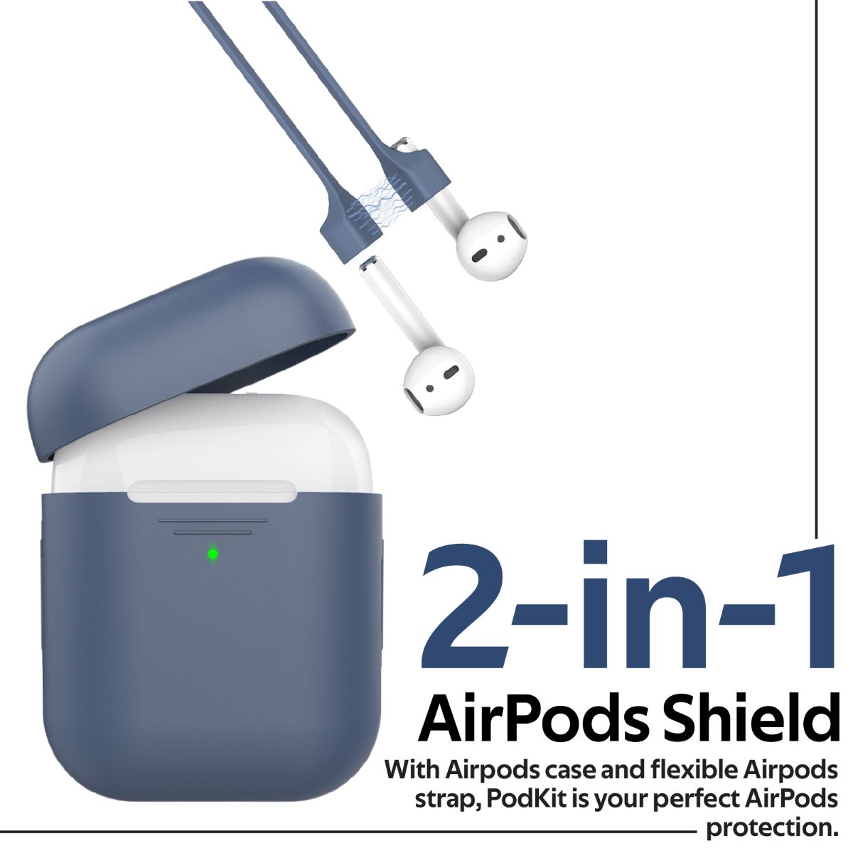 Promate AirPods Case with Strap, Premium Protective Silicone Case Cover with Magnetic Anti-Lost AirPods Strap and Wireless Charging Compatible Design for Apple AirPods and AirPods 2, PodKit Navy Blue