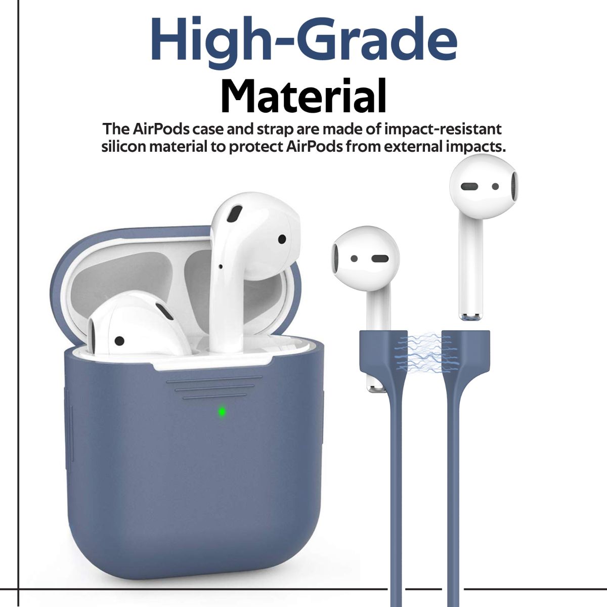 Promate AirPods Case with Strap, Premium Protective Silicone Case Cover with Magnetic Anti-Lost AirPods Strap and Wireless Charging Compatible Design for Apple AirPods and AirPods 2, PodKit Navy Blue