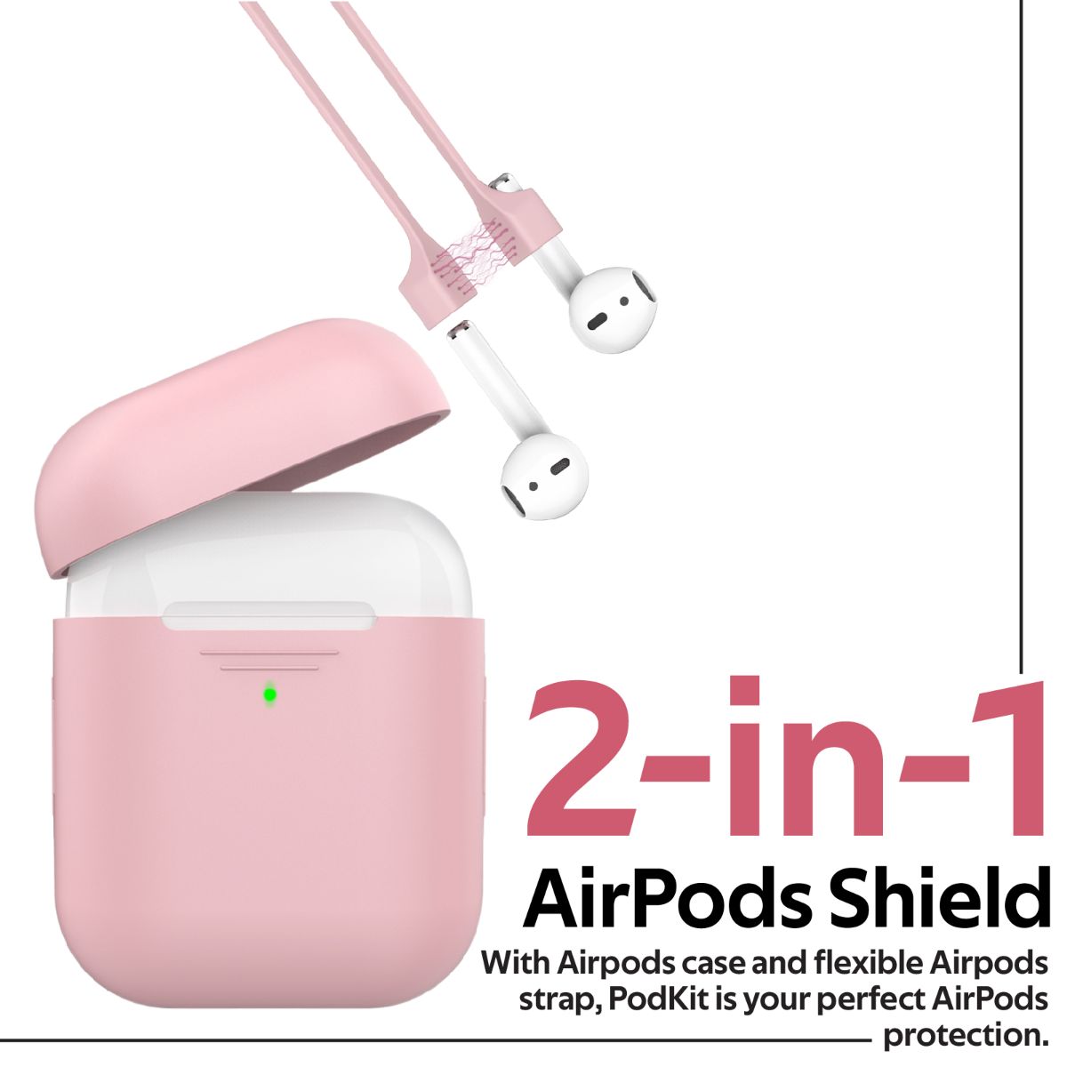 Promate AirPods Case with Strap, Premium Protective Silicone Case Cover with Magnetic Anti-Lost AirPods Strap and Wireless Charging Compatible Design for Apple AirPods and AirPods 2, PodKit Pink