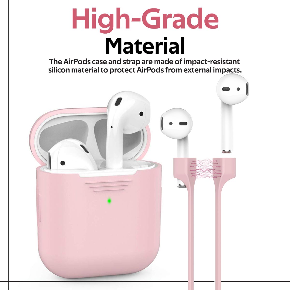 Promate AirPods Case with Strap, Premium Protective Silicone Case Cover with Magnetic Anti-Lost AirPods Strap and Wireless Charging Compatible Design for Apple AirPods and AirPods 2, PodKit Pink