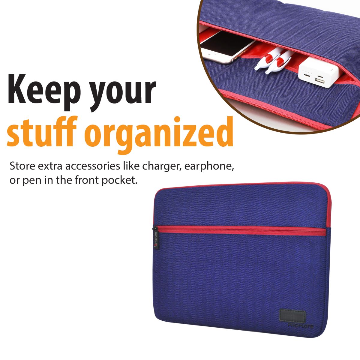 Promate - Water-Resistant Laptop Sleeve, Portable Multi-Pocket 11 Inch Fabric Laptop Case Cover with Secure Zip and Quick Accessories Pocket for 11 Inch Laptops, Notebook, iPad Pro, Portfolio-S Blue