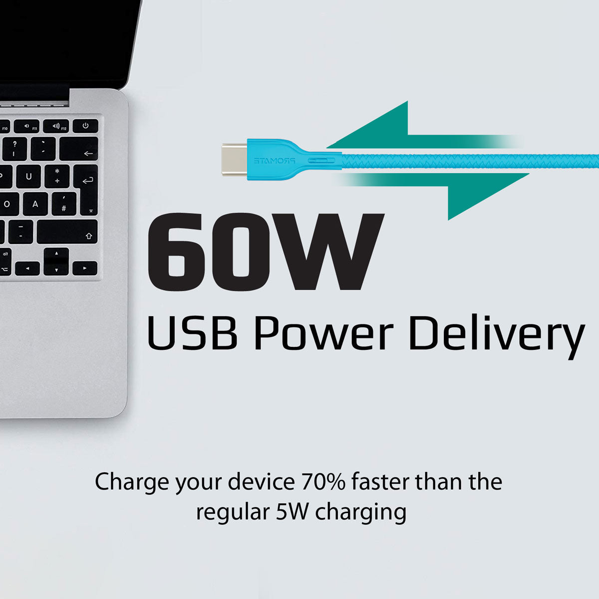 Promate - USB-C™ to USB-C™ Cable, Ultra-Fast 60W Power Delivery USB Type-C™ to Type-C™ 3A Sync and Charge Cable with 1.2 Meter Tangle Free Cord for MacBook Pro, Google Pixel XL, Nexus 5X/6P, PowerBeam-CC Blue