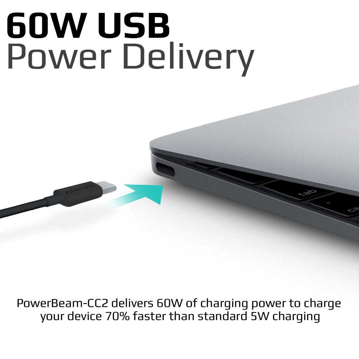 Promate - USB-C™ to USB-C™ Cable, Premium 60W Power Delivery USB Type-C™ to Type-C™ 3A Sync and Charge Cable with 2 Meter Tangle Free Cord for MacBook Pro, Google Pixel XL, Nexus 5X/6P, PowerBeam-CC2 Black