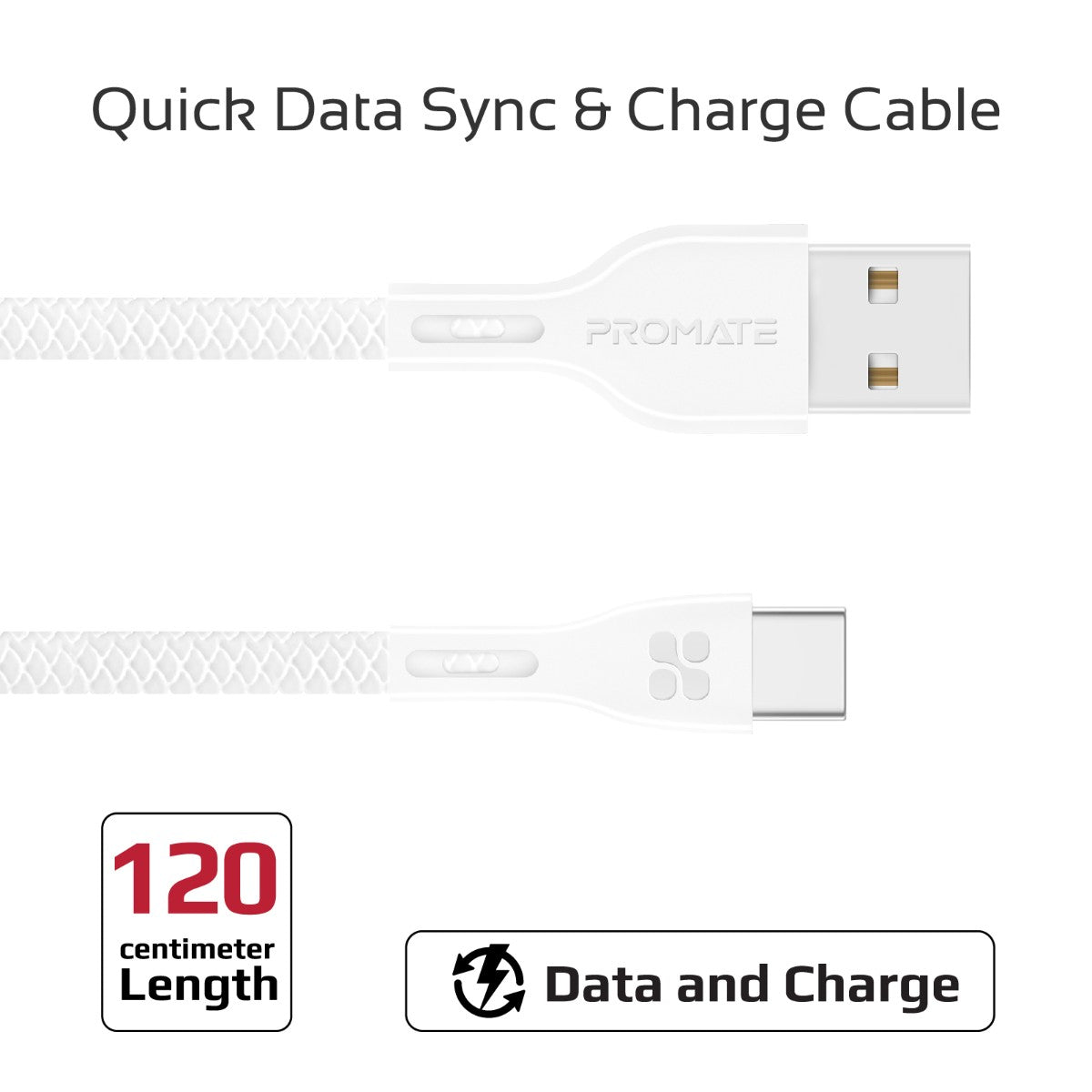 Promate - USB-C to USB-A Cable, Durable 2A Ultra-Fast Charging Cable with High-Speed Data Transfer, Over-Charging Protection, 1.2m Cord Length and Over-Charging Protection for Type-C Enabled Devices, PowerBeam-C White