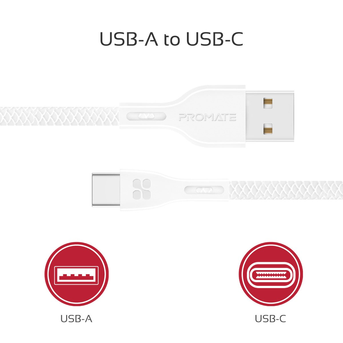 Promate - USB-C to USB-A Cable, Durable 2A Ultra-Fast Charging Cable with High-Speed Data Transfer, Over-Charging Protection, 1.2m Cord Length and Over-Charging Protection for Type-C Enabled Devices, PowerBeam-C White