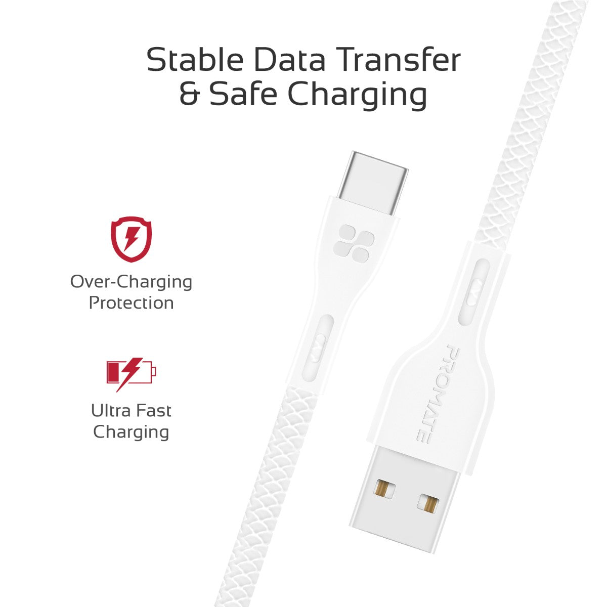 Promate - USB-C to USB-A Cable, Durable 2A Ultra-Fast Charging Cable with High-Speed Data Transfer, Over-Charging Protection, 1.2m Cord Length and Over-Charging Protection for Type-C Enabled Devices, PowerBeam-C White
