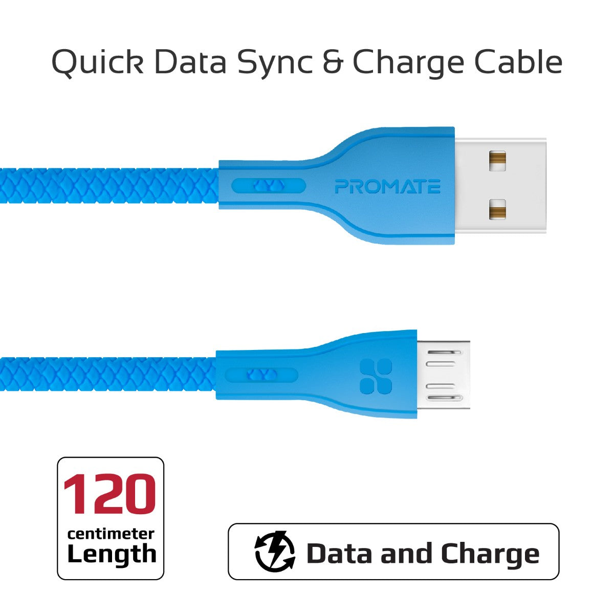 Promate - Micro-USB Cable, High-Quality Anti-Break Micro USB to USB 2.0 Cable with 2A Fast Charging Syncing Cord and 1.2m Anti-Tangle Cable for Samsung, HTC, Motorola, Nokia, MP3 Player. PowerBeam-M Blue