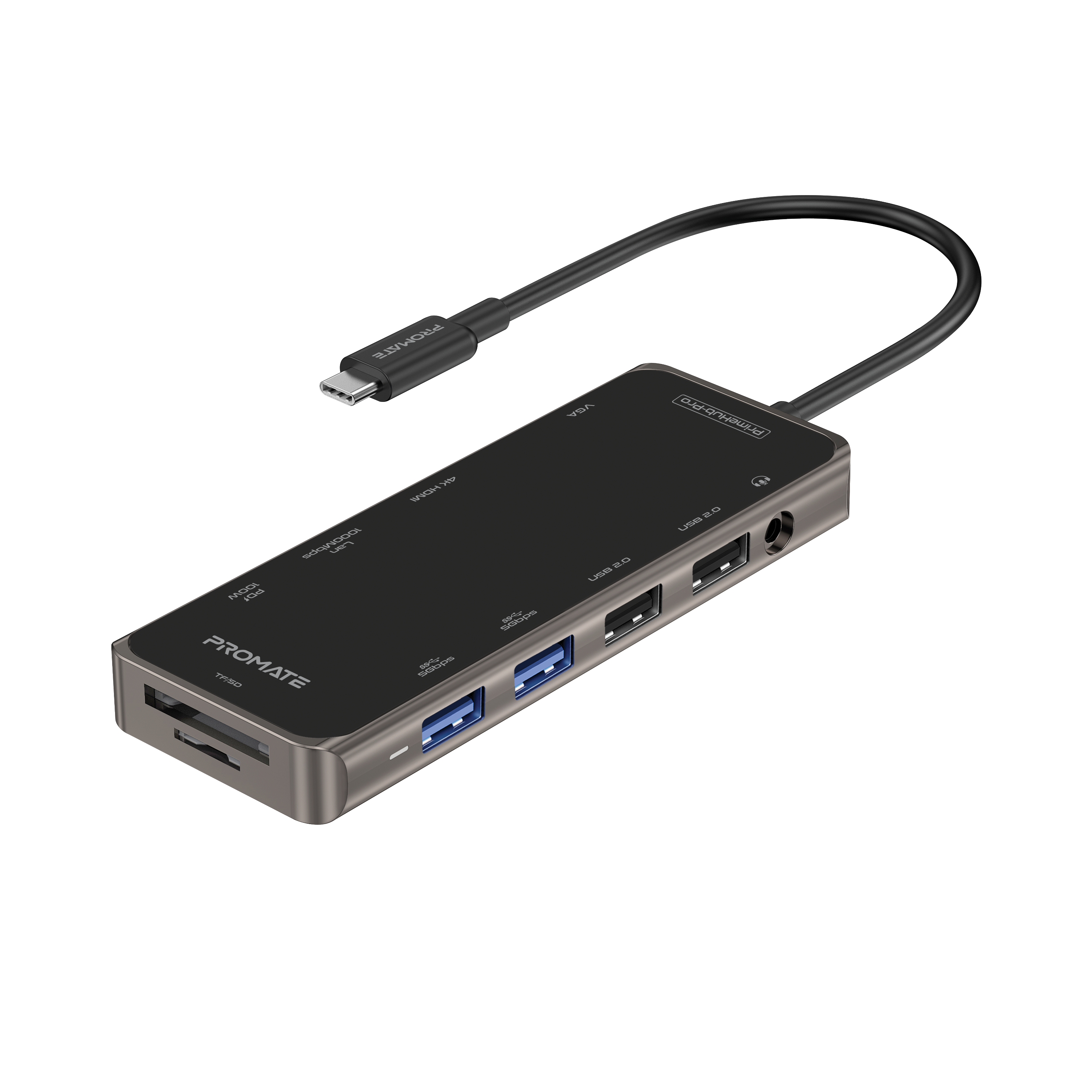 Promate USB-C Hub, 11-in-1 Type-C Multi-Port Adapter with 100W USB-C Power Delivery, 4K HDMI, 1080 VGA Port, and 4 USB Ports for - PrimeHub-Pro