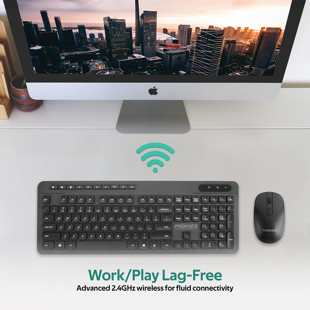 Promate USB-C Wireless Keyboard and Mouse Combo, Ergonomic 2.4Ghz Full Size Keyboard and Adjustable DPI Mouse with USB-A/USB-C Nano Receiver and 14 Quick Access Keys for MacBook Pro, Mac OS, PC, ProCombo-11 English