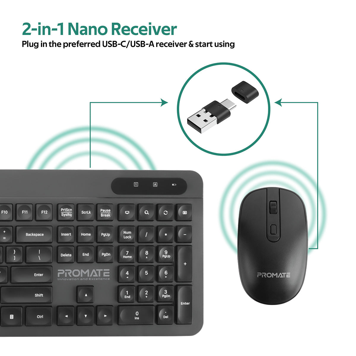 Promate USB-C Wireless Keyboard and Mouse Combo, Ergonomic 2.4Ghz Full Size Keyboard and Adjustable DPI Mouse with USB-A/USB-C Nano Receiver and 14 Quick Access Keys for MacBook Pro, Mac OS, PC, ProCombo-11 English