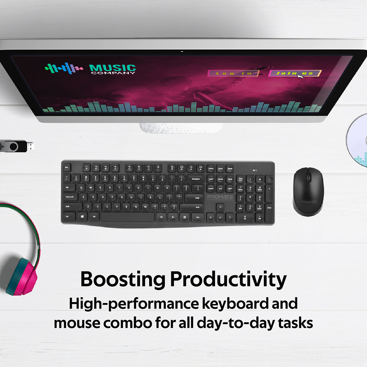 Promate 2.4G Wireless Keyboard and 1200Dpi Mouse Combo with Nano USB Receiver, PROCOMBO-5.BK/AE