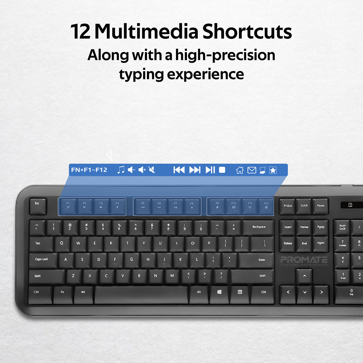 Promate USB-C Wireless Keyboard and Mouse, 2.4Ghz Quiet Full-Size Keyboard and Adjustable DPI Mouse with 2-in-1 USB-A/USB-C Nano Receiver, 12 Multimedia Shortcuts and Auto-Sleep Function for Desktop, PC, Windows, iOS, ProCombo-6 English