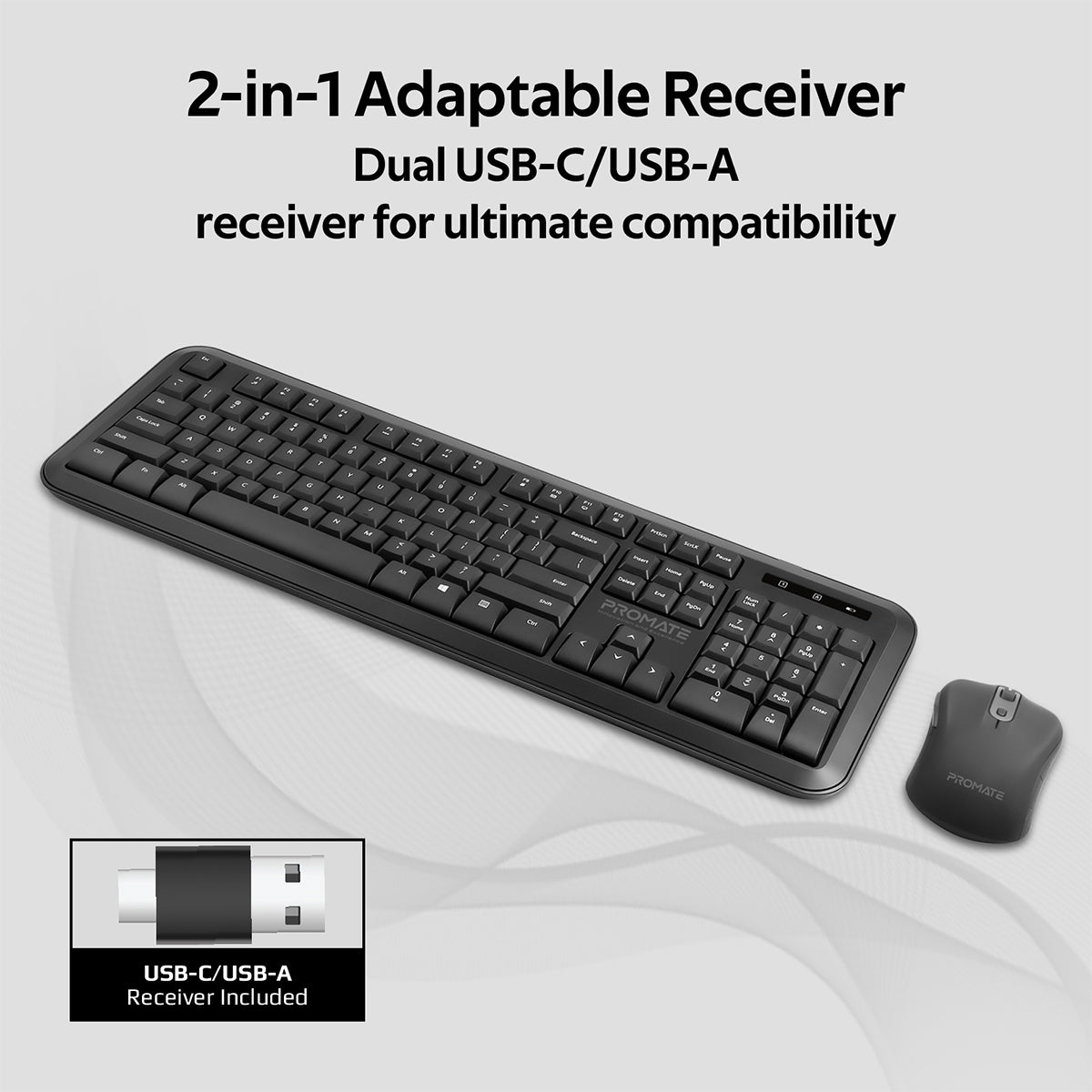 Promate USB-C Wireless Keyboard and Mouse, 2.4Ghz Quiet Full-Size Keyboard and Adjustable DPI Mouse with 2-in-1 USB-A/USB-C Nano Receiver, 12 Multimedia Shortcuts and Auto-Sleep Function for Desktop, PC, Windows, iOS, ProCombo-6 English