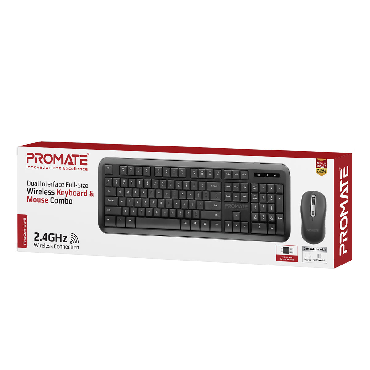 Promate USB-C Wireless Keyboard and Mouse, 2.4Ghz Quiet Full-Size Keyboard and Adjustable DPI Mouse with 2-in-1 USB-A/USB-C Nano Receiver, 12 Multimedia Shortcuts and Auto-Sleep Function for Desktop, PC, Windows, iOS, ProCombo-6 English