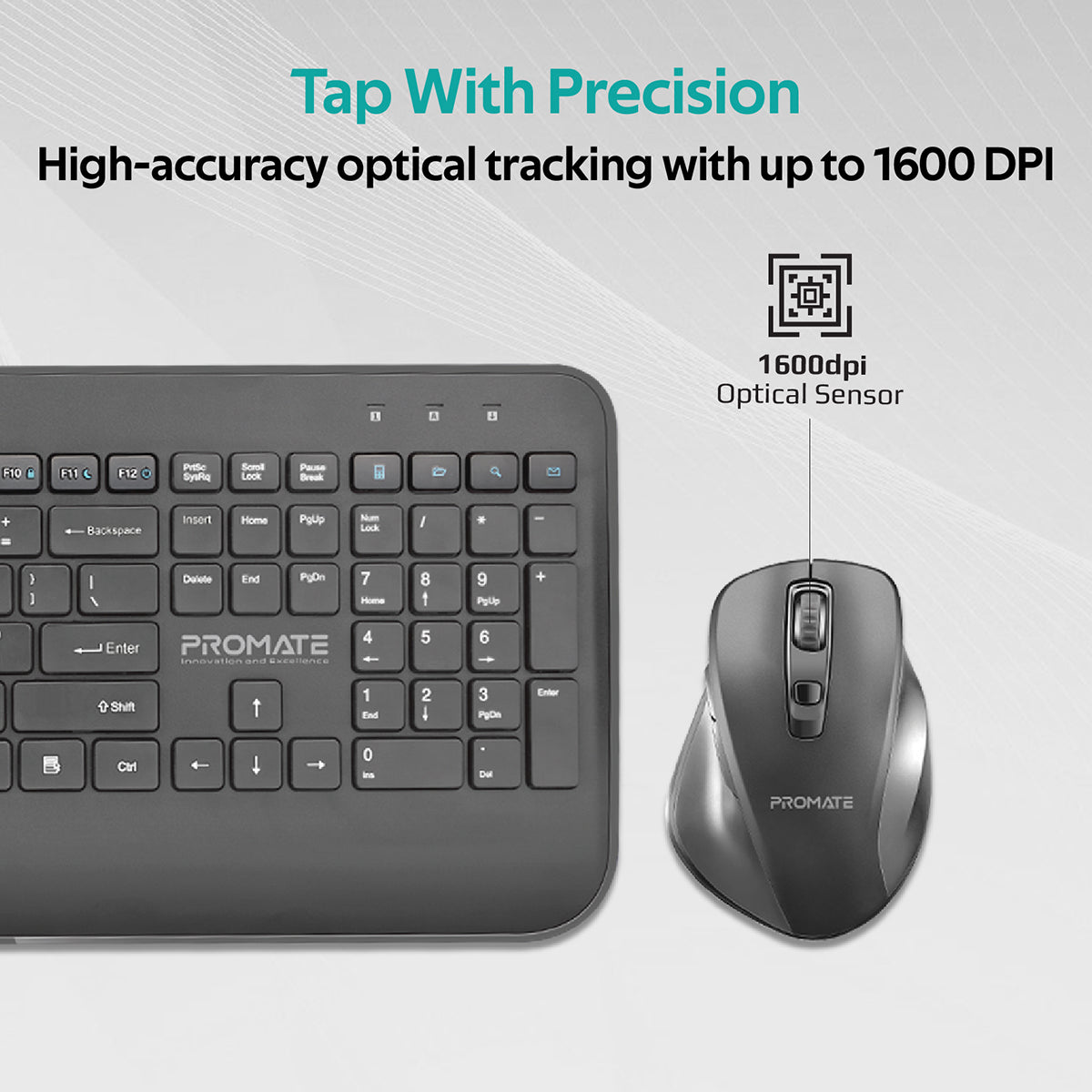Promate Wireless Keyboard and Mouse Combo, Ergonomic Sleek 2.4Ghz Full-Size Wireless Keyboard with Palm Rest and 1600 DPI Mouse, Nano USB Receiver and Auto-Sleep Function for PC, Desktops, Windows, IOS, ProCombo-8 English