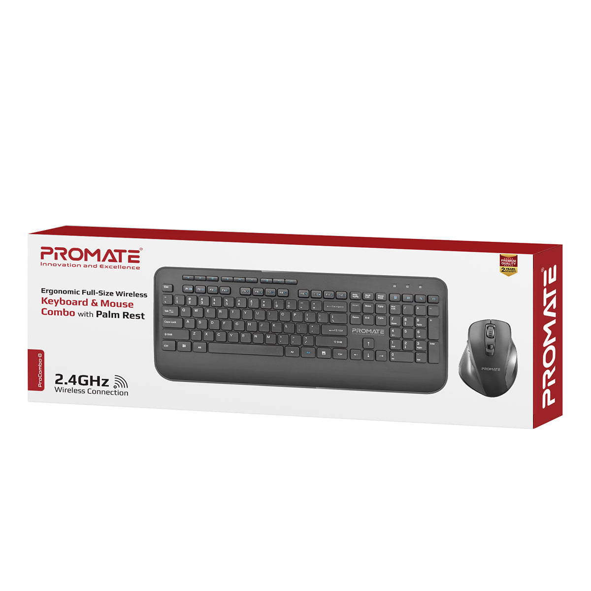 Promate Wireless Keyboard and Mouse Combo, Ergonomic Sleek 2.4Ghz Full-Size Wireless Keyboard with Palm Rest and 1600 DPI Mouse, Nano USB Receiver and Auto-Sleep Function for PC, Desktops, Windows, IOS, ProCombo-8 English