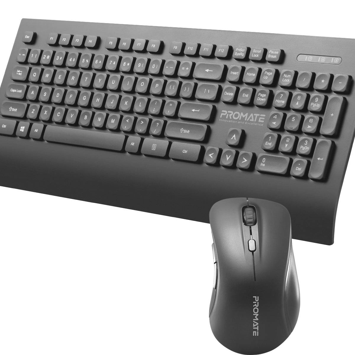 Promate Wireless Keyboard and Mouse, 2.4Ghhz Wireless Full-sized Keyboard with Numeric Keypad, Adjustable Dpi Wireless Mouse, Palm Rest, Nano USB Receiver and Power Saving Mode for PC, Desktop, Computer, Notebook, Laptop, ProCombo-7 English