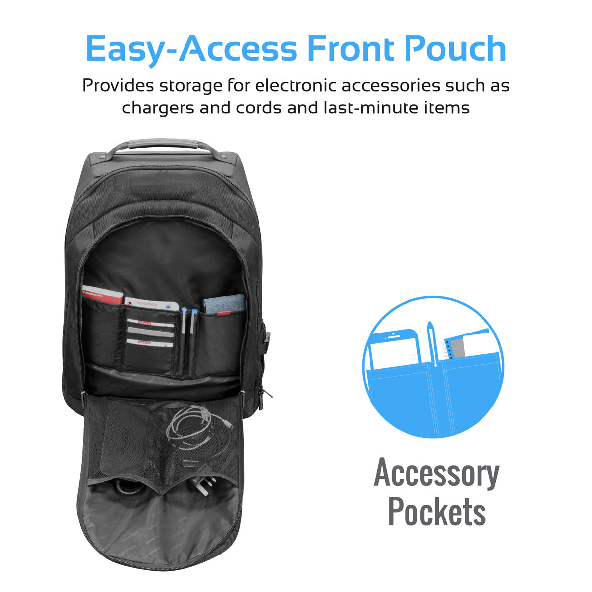 Promate - Trolley Laptop Bag, 2-In-1 Portable Rolling Laptop Backpack with Adjustable Straps, Secure Storage Compartment and Water-Resistant for Travel, Luggage, Laptop Up To 15.6 Inch, Rover-TR Black