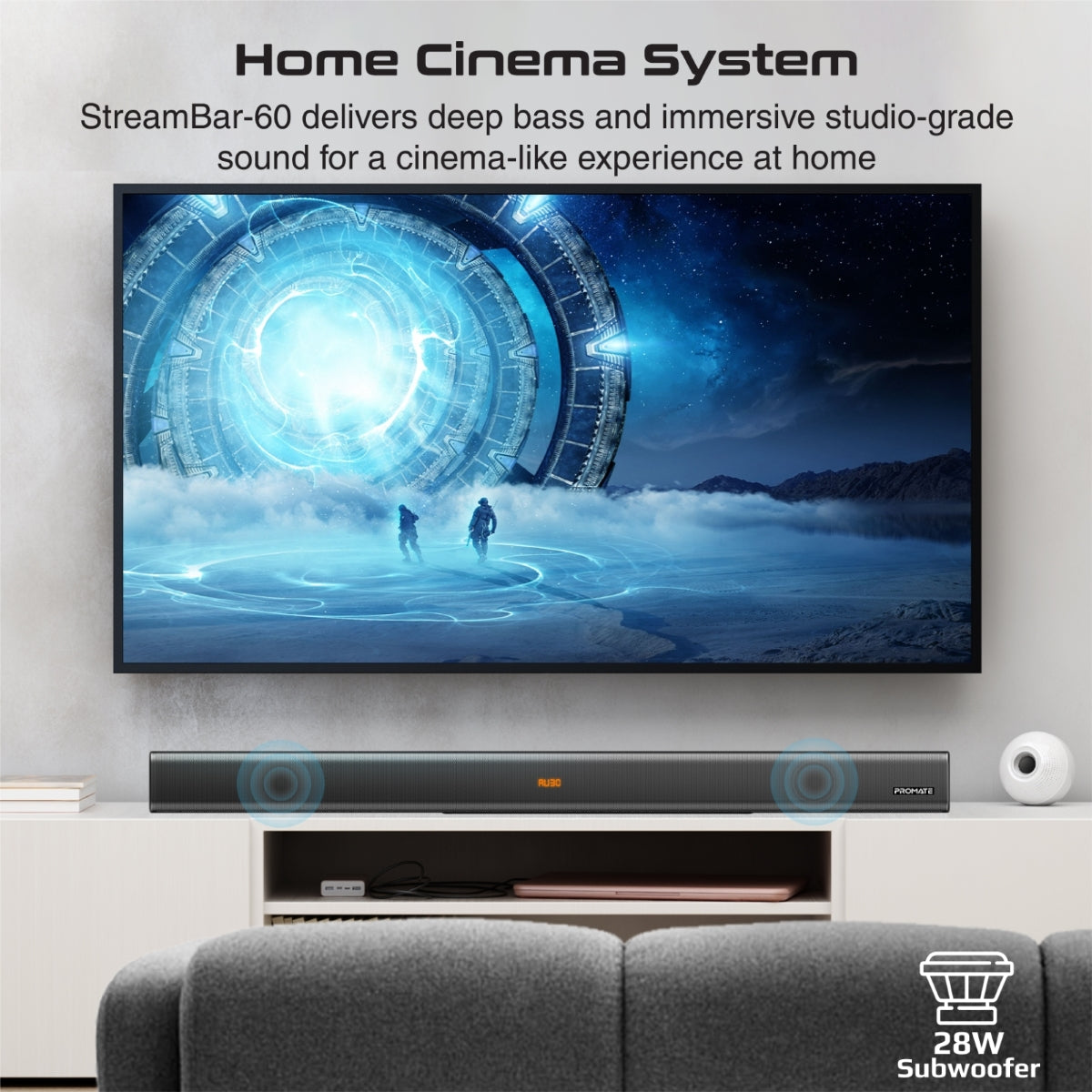 Promate 60W Soundbar with 28W Subwoofer, Multipoint Pairing and Remote Control, StreamBar-60