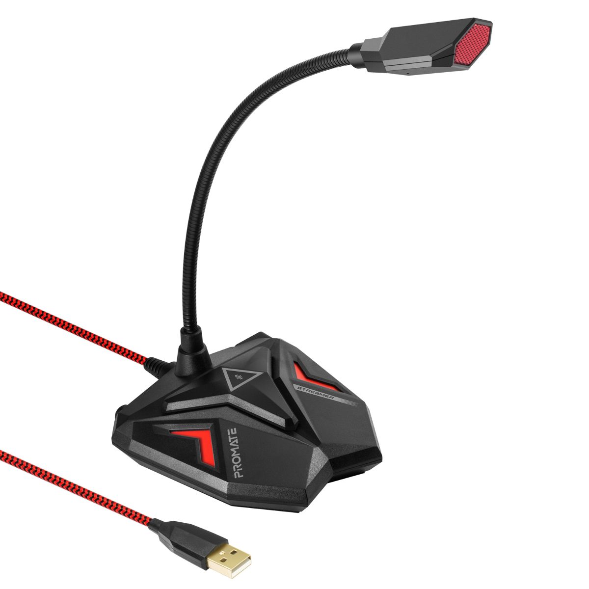 Promate - USB Gaming Microphone, High Definition Omnidirectional Gooseneck Condenser Mic with Audio Jack Out, Mute Button and Built-In Tangle-Free Cord for PC, Laptop, Mac, Recording, Gaming, Streamer Maroon