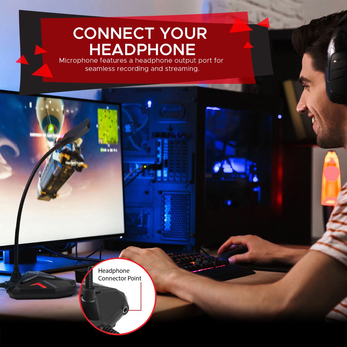 Promate - USB Gaming Microphone, High Definition Omnidirectional Gooseneck Condenser Mic with Audio Jack Out, Mute Button and Built-In Tangle-Free Cord for PC, Laptop, Mac, Recording, Gaming, Streamer Maroon